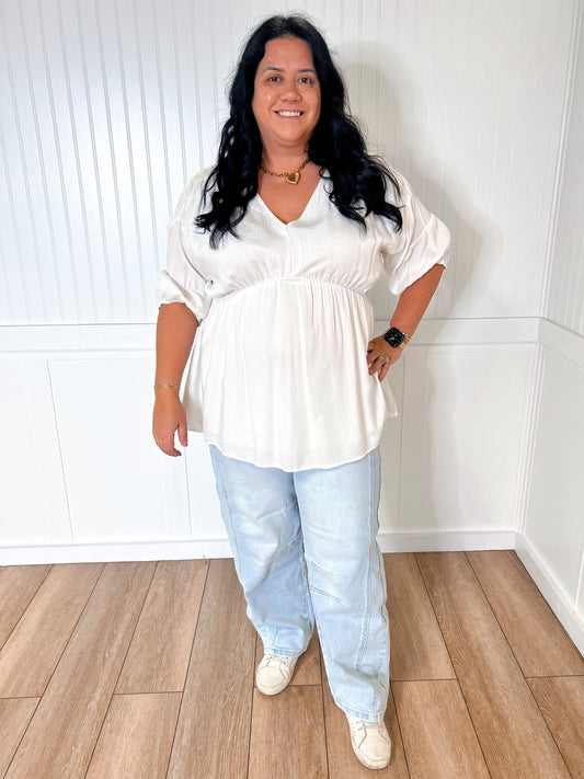 Kylie V-Neck Blouse Textured Baby Doll Top- Plus-BLOUSE TOP-Heyson-04/21/25,04/25,05/27/24,1st md,Max Retail,Tops Collection-The Twisted Chandelier