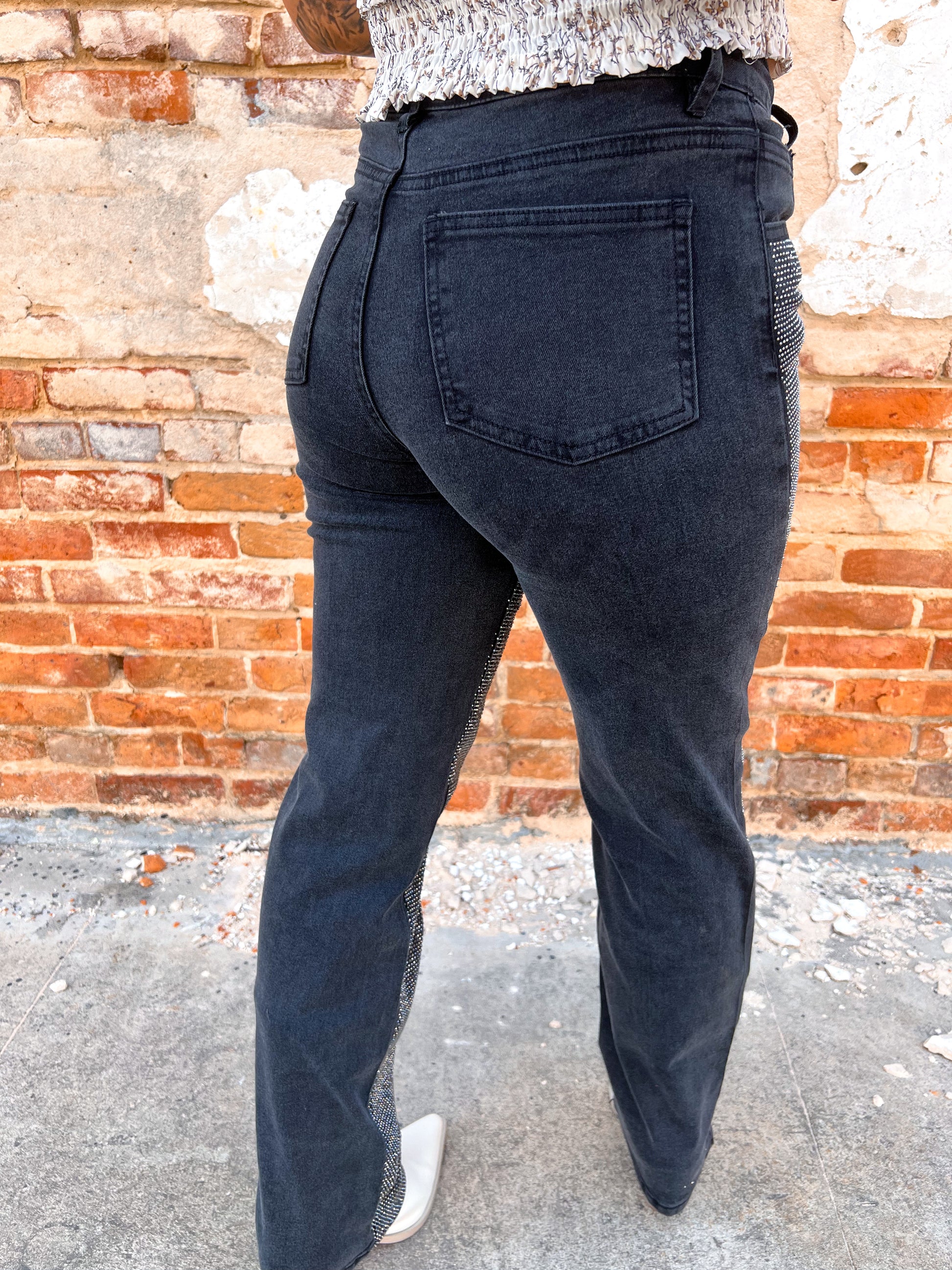 Ida High Rise Rhinestone Studded Black Denim Jeans-Denim-blue b.-bottoms,Max Retail,OGP 69.99,western & concert-The Twisted Chandelier