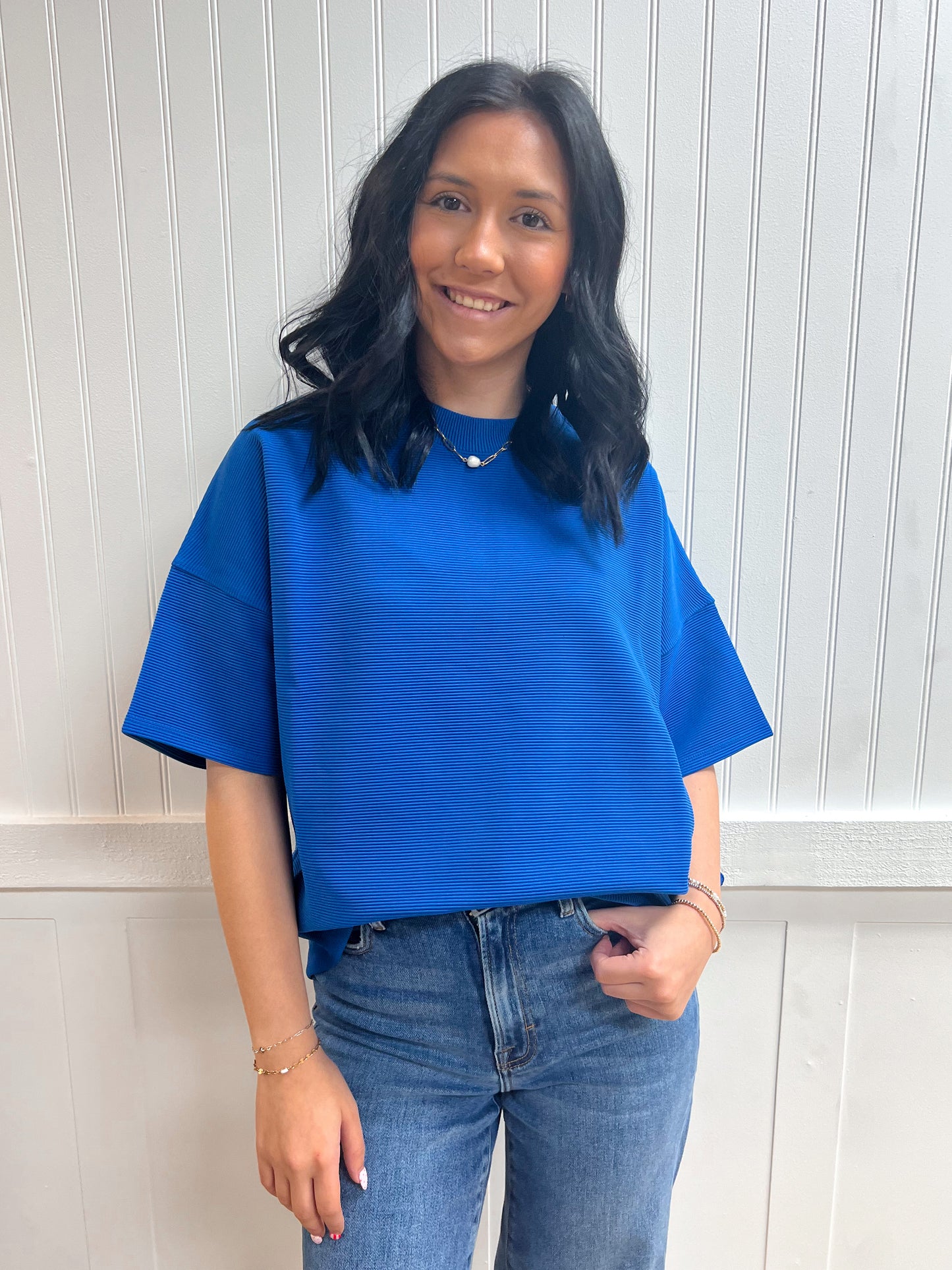 Kinsley Ribbed Round Neck Waist Banded Tee Shirts - Classic Blue-Zenana-FD 03/12/26,Tops Collection-The Twisted Chandelier