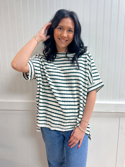Riley Striped Short Sleeve Hi-Low Tee-ZENANA-FD 03/12/26,Tops Collection-The Twisted Chandelier