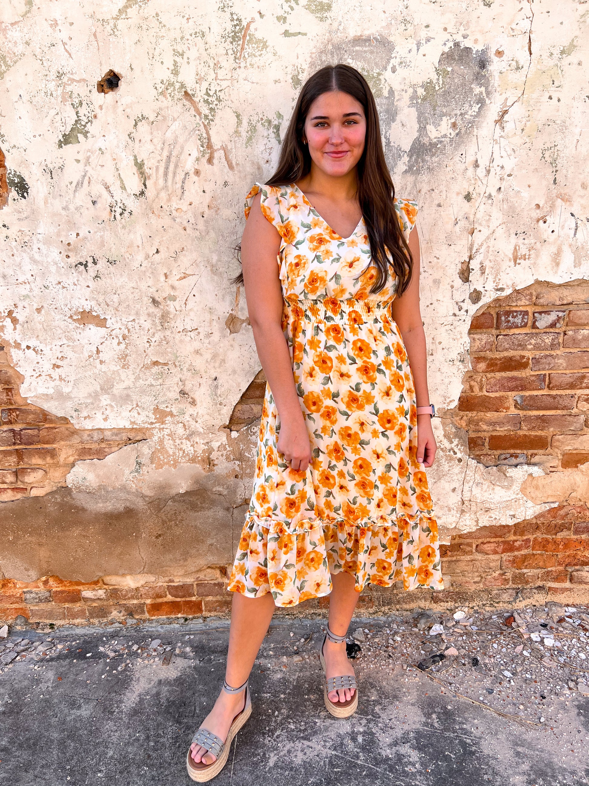 Josie Ruffled Sleeve Floral Print Woven Smocked Waist Midi Dress-Dress-She & Sky-09/03/24,1st md,DJR,OGP 49.99,SY6497-The Twisted Chandelier