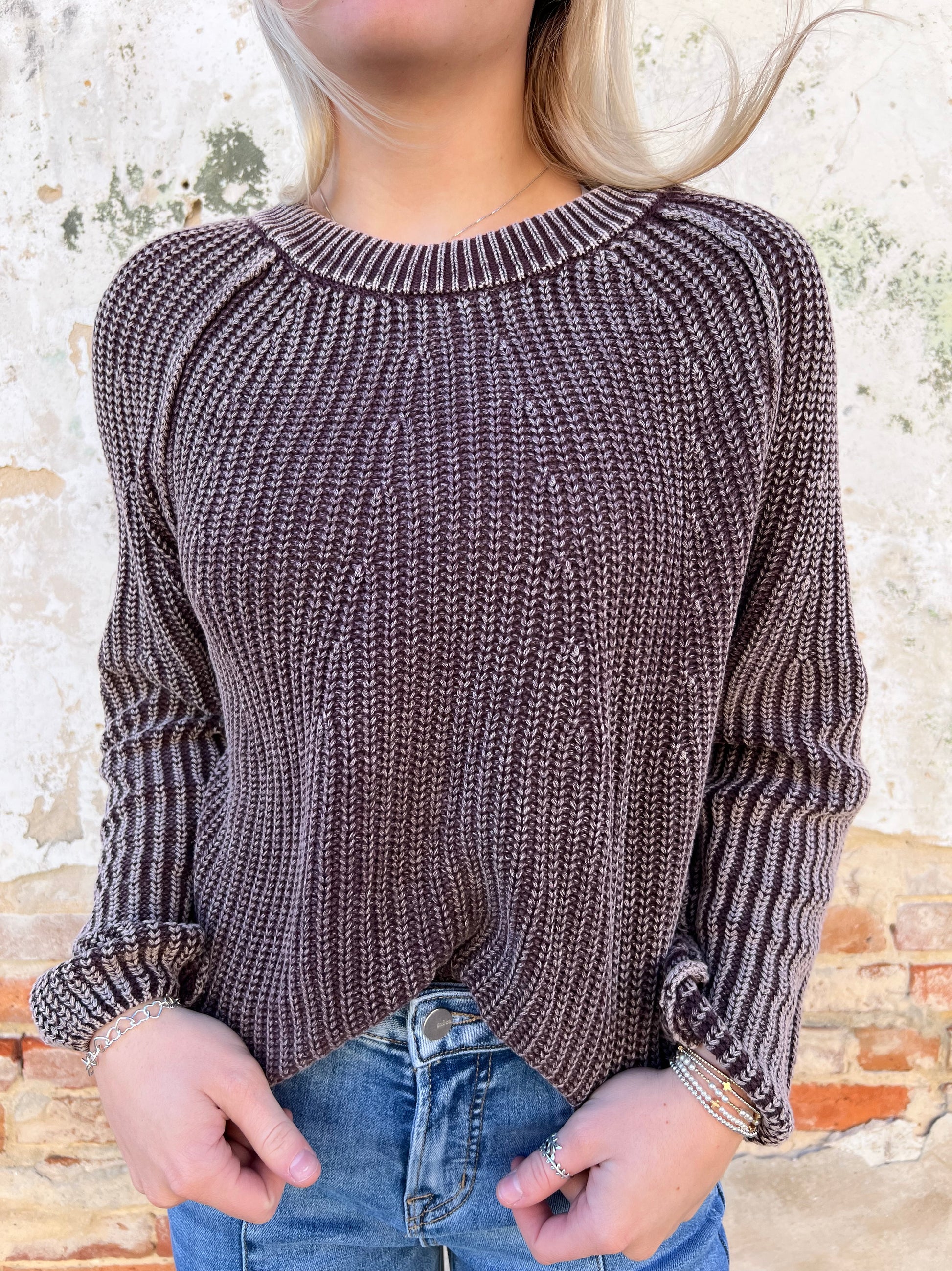 Delilah Washed Crewneck Knit Pullover Sweater-Blu Pepper-Bin D1,FD 12/13/24,FD 12/23/24,Max Retail,not on the floor only in the bins,Tops Collection-The Twisted Chandelier