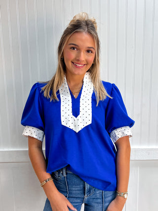 Lacey Tiny Polka Dot Contrast Accent Solid Top-Top-jodifl-FD 08/04/26,gameday,Tops Collection-The Twisted Chandelier
