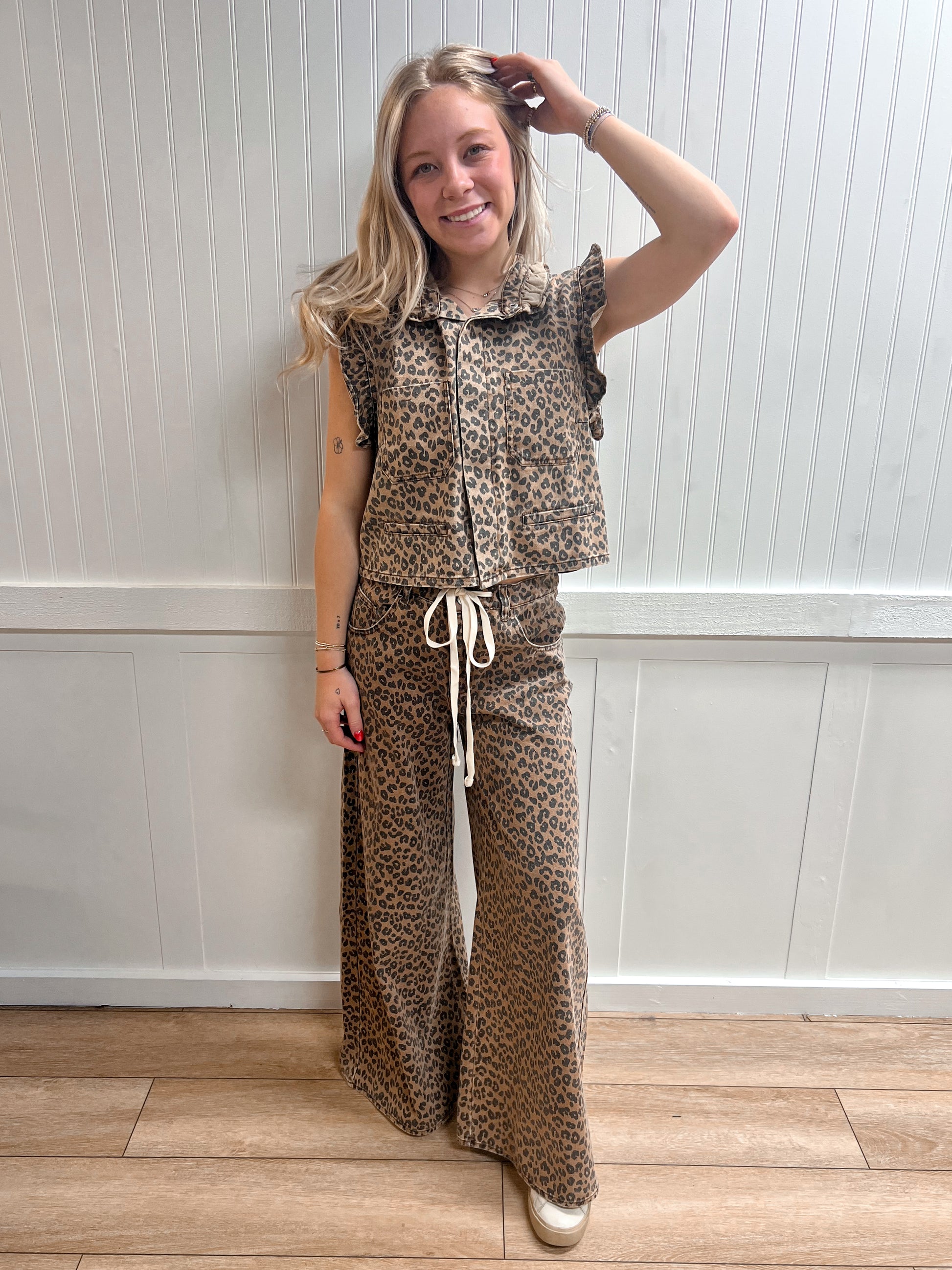 Monroe Ruffle Shoulder Leopard Printed Vest-NOABOA-FD 02/27/26,MS1025-1,Tops Collection-The Twisted Chandelier