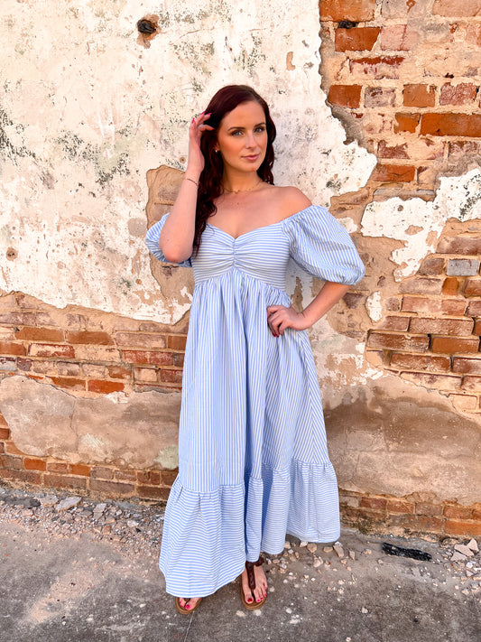 Emily Sweetheart Neck Striped Midi Dress With Smocked Back - Blue-Midi Dress-in february-08/13/25,Bin D1,DJR,FD 06/17/25,OGP 69.99-The Twisted Chandelier
