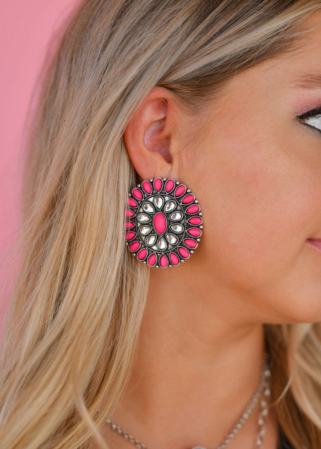 West and Co. Large Pink and Rhinestone Cluster Post Earring-Stud Earrings-West and Co.-western & concert-The Twisted Chandelier