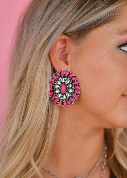 West and Co. Large Pink and Rhinestone Cluster Post Earring-Stud Earrings-West and Co.-western & concert-The Twisted Chandelier
