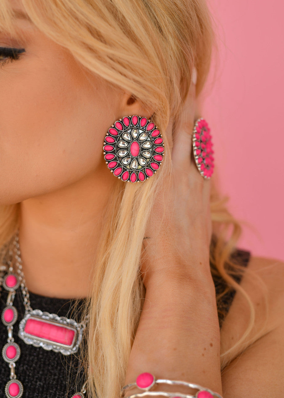 West and Co. Large Pink and Rhinestone Cluster Post Earring-Stud Earrings-West and Co.-western & concert-The Twisted Chandelier