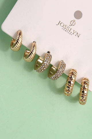 Trio Rhinestone Textured Huggie Hoop Earrings-JOSSLYN by wall to wall-80E5014-The Twisted Chandelier