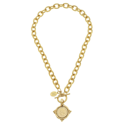 Handcast Gold Intaglio Coin Front Toggle Necklace-Susan Shaw-The Twisted Chandelier