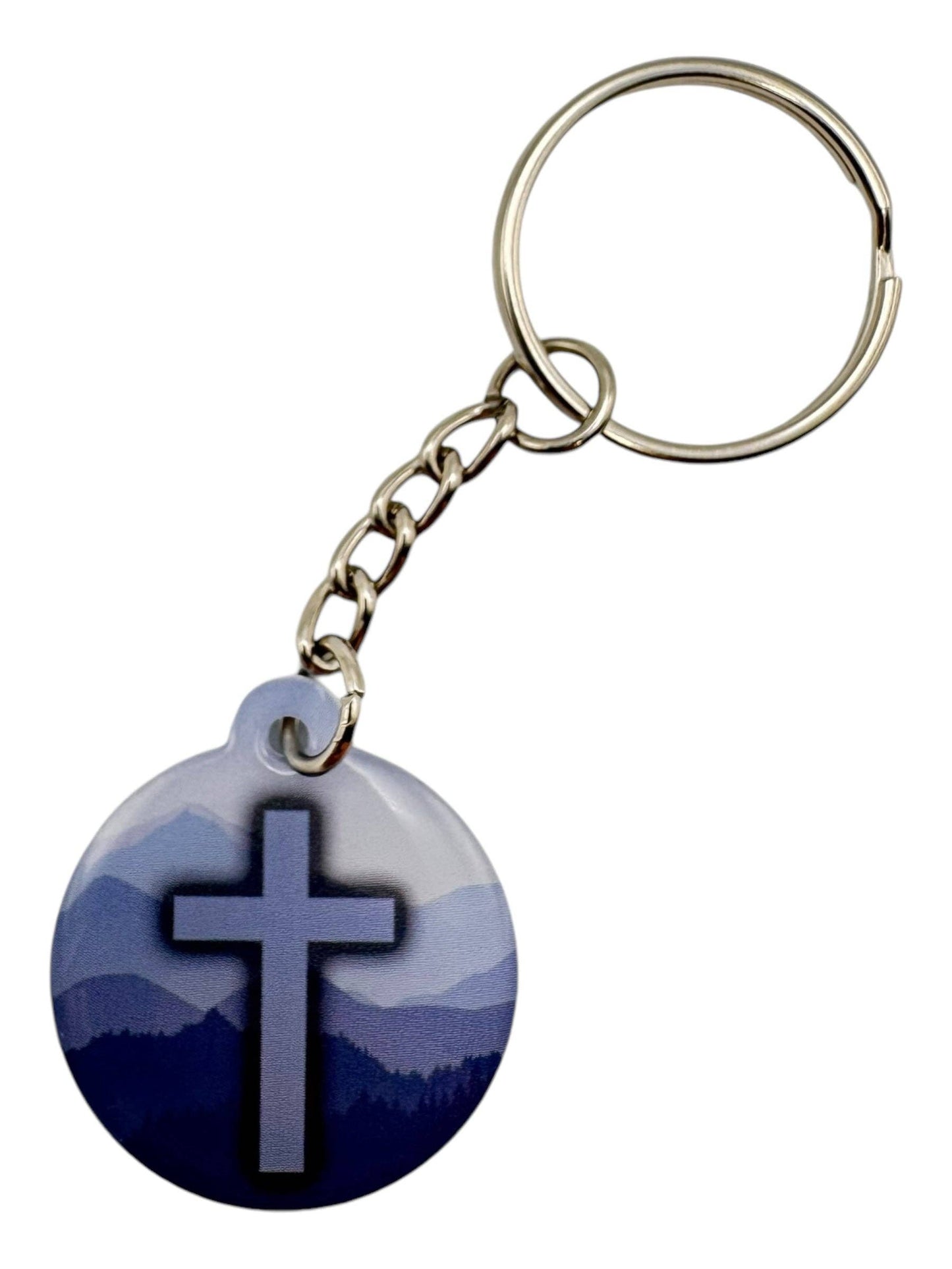 Tap To Pray™ - Prayer Tag Keychains-Versible-Blue Mountains + Cross-The Twisted Chandelier