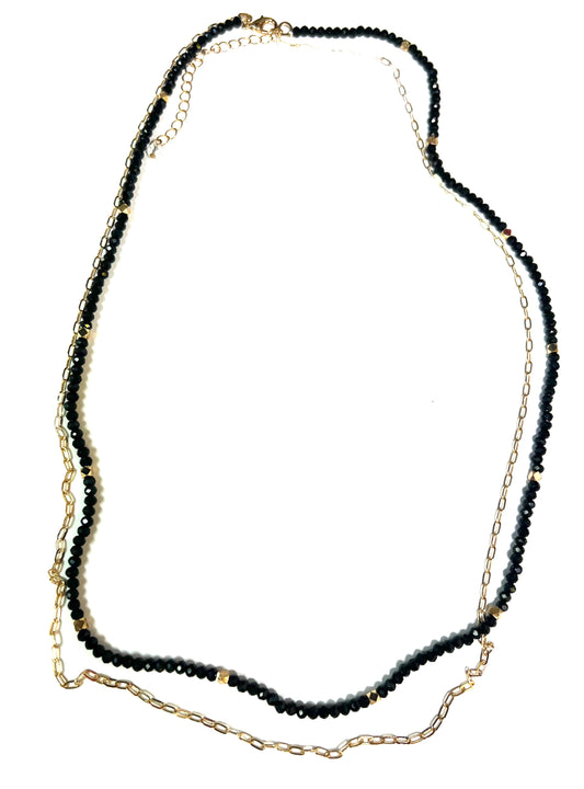 Black Bead & Gold Chain Double Layer Necklace-Necklace-Southern Grace Wholesale-The Twisted Chandelier