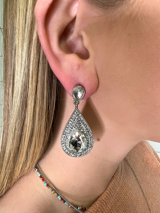 Clear Crystal Teardrop Gemstone Silver Earrings-Something Special LA-The Twisted Chandelier