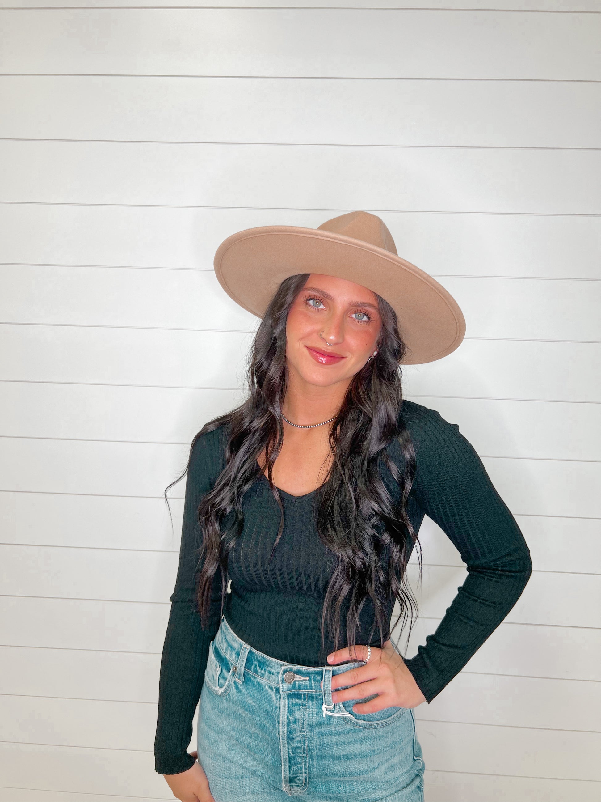 Wool Felt Flat Brim Cowboy Hat - Beige-Hats-Anarchy Street-western & concert-The Twisted Chandelier